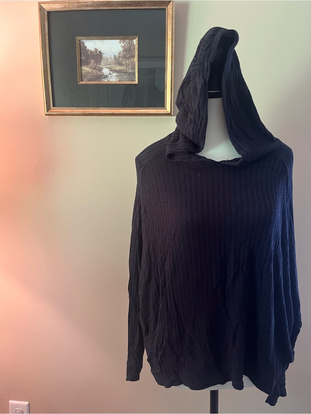 Black Hooded Women's Chaser Sweater - Lightweight Waffle Knit